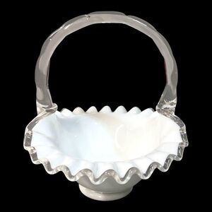 Fenton Silver Crest Reed White Milk Glass Ruffled Basket With Clear Handle Vtg